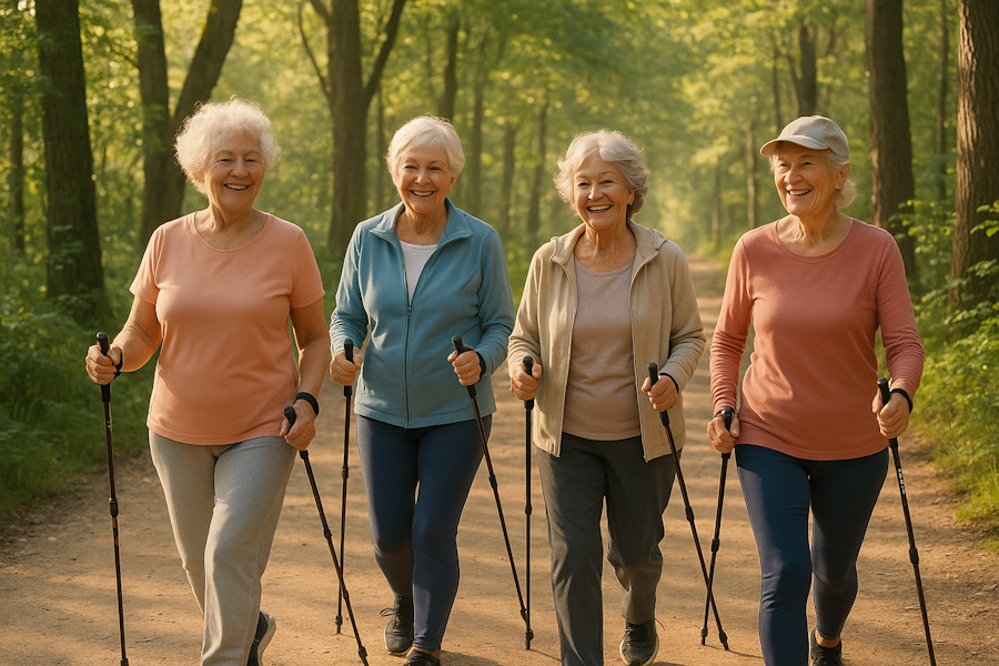 Idősebb nők csoportja a szabadban tornázik