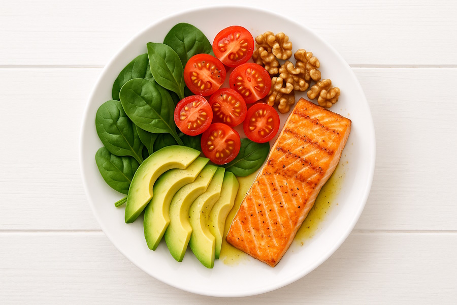 Egészséges ételek, hal, zöldségek és víz az asztalon